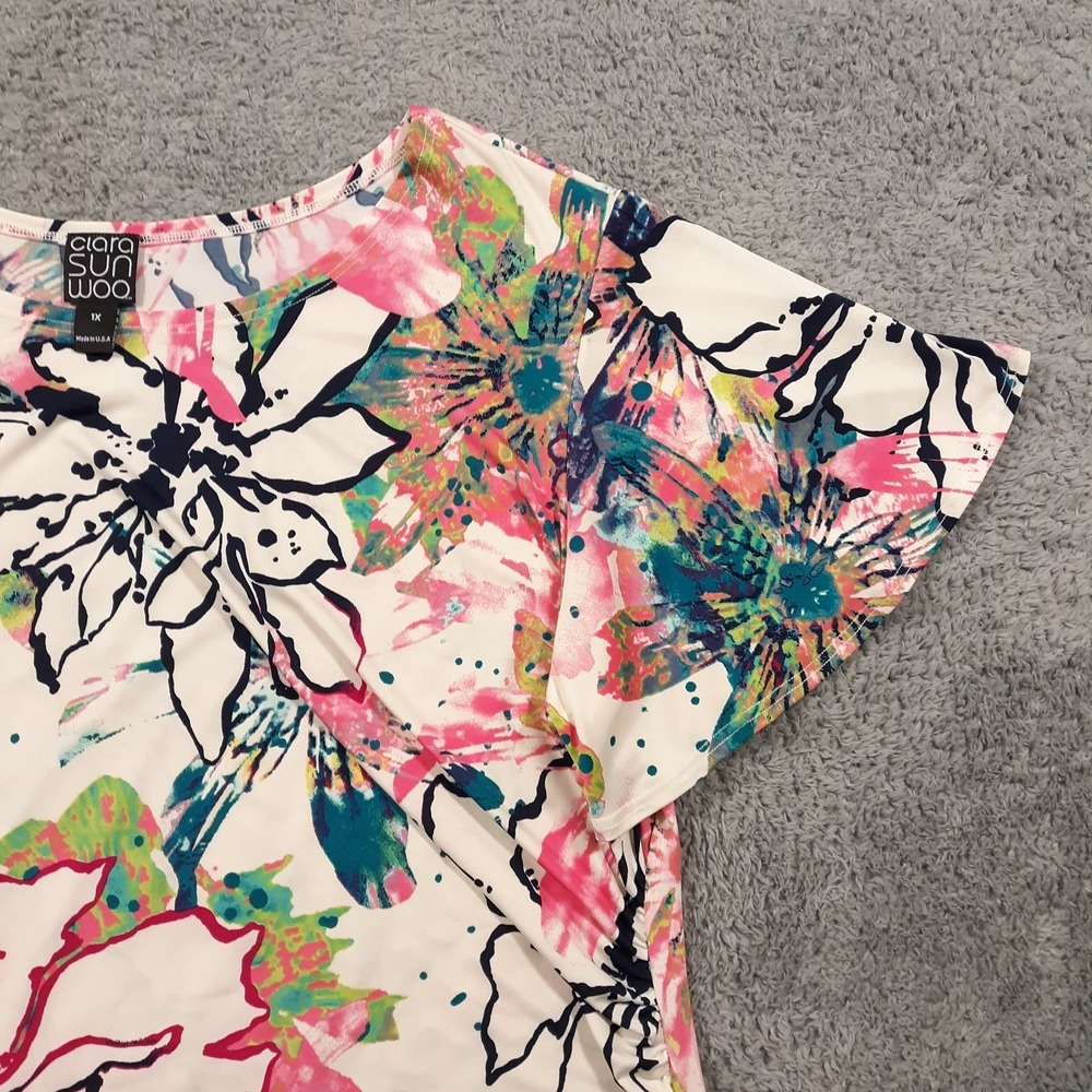 Clara Sun Woo Tunic Top Blouse Womens Size 1X Short Sleeve Floral Multicolor - Picture 3 of 10
